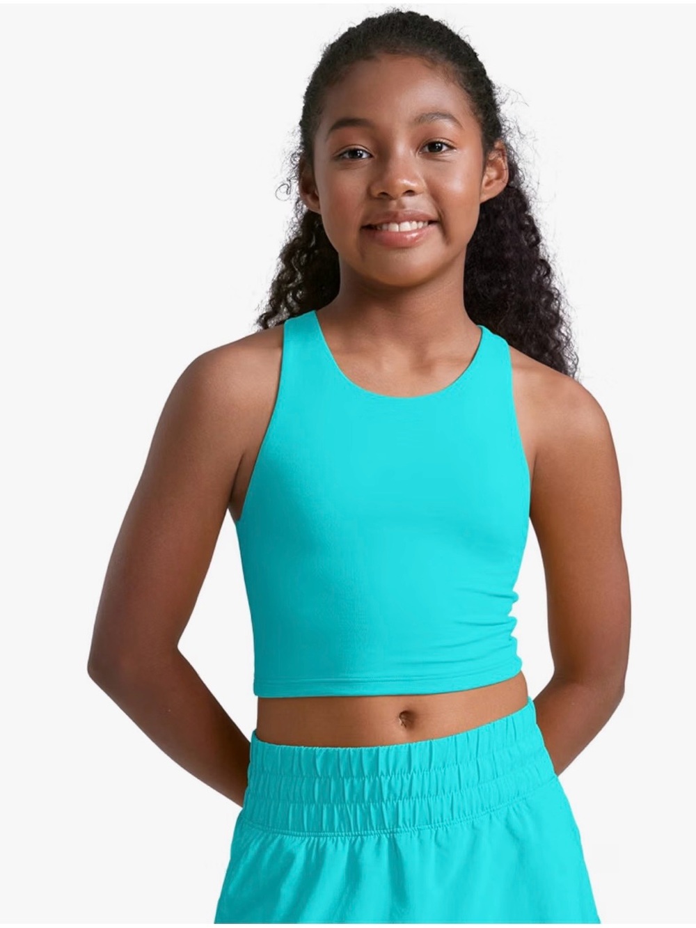 CRZ YOGA Girls' Butterluxe Crop Cropped Tank Top High Neck Aqua Spectral Blue| L